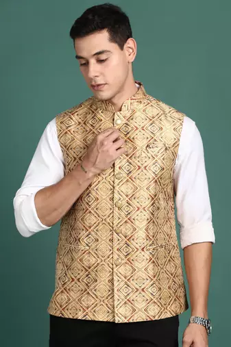 men's embroidered mustard slim fit nehru jacket