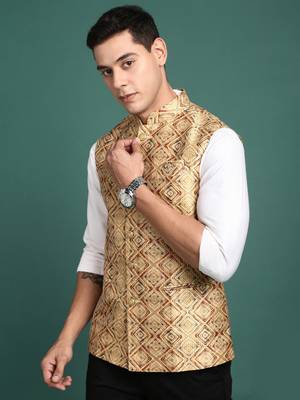 men's embroidered mustard slim fit nehru jacket 3