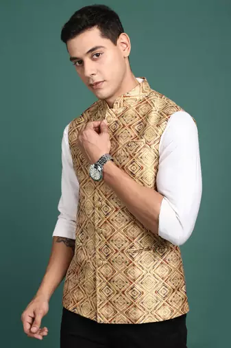 men's embroidered mustard slim fit nehru jacket