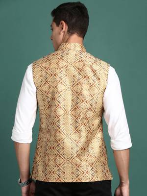 men's embroidered mustard slim fit nehru jacket 4