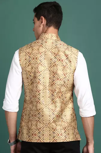 men's embroidered mustard slim fit nehru jacket