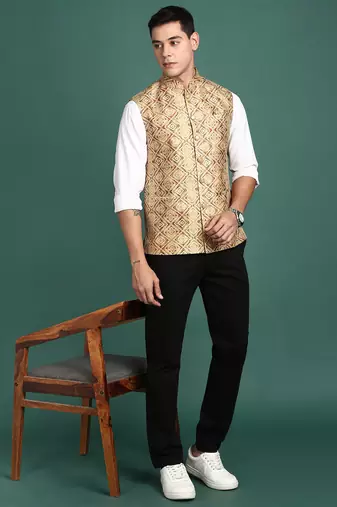 men's embroidered mustard slim fit nehru jacket