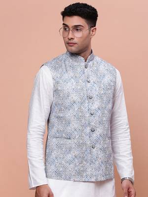 men's embellished blue slim fit nehru jacket 1