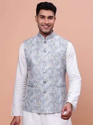 men's embellished blue slim fit nehru jacket 2