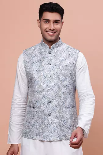 men's embellished blue slim fit nehru jacket