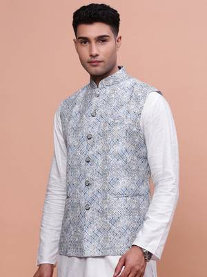 men's embellished blue slim fit nehru jacket 3