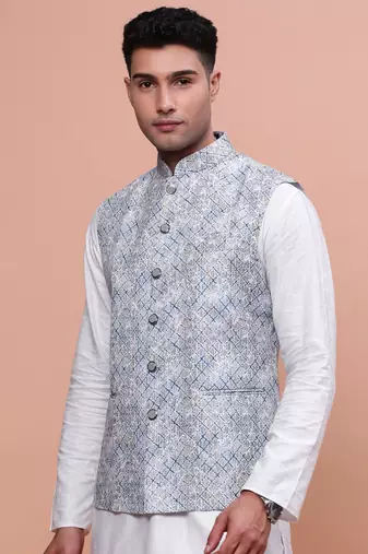 men's embellished blue slim fit nehru jacket