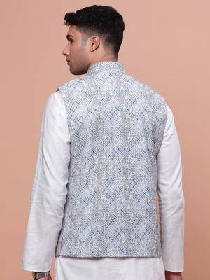 men's embellished blue slim fit nehru jacket 4