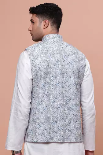 men's embellished blue slim fit nehru jacket