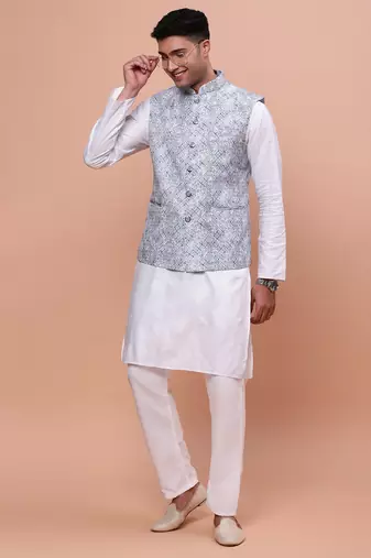 men's embellished blue slim fit nehru jacket