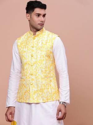 men's embellished yellow slim fit nehru jacket 1