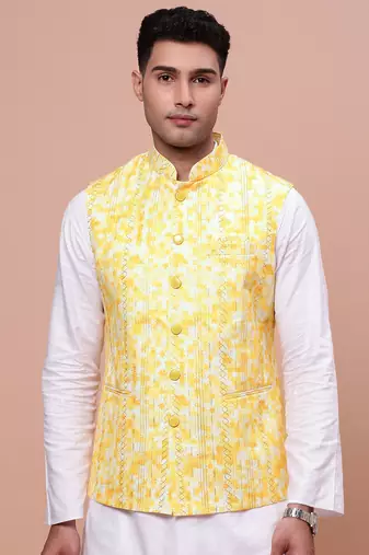 men's embellished yellow slim fit nehru jacket