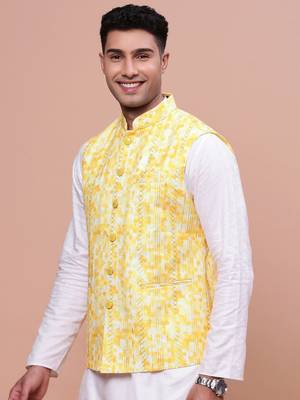 men's embellished yellow slim fit nehru jacket 3