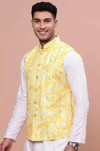 men's embellished yellow slim fit nehru jacket