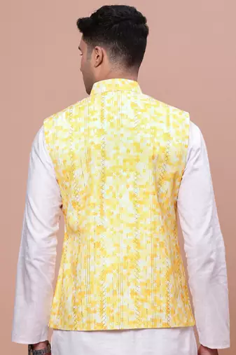 men's embellished yellow slim fit nehru jacket