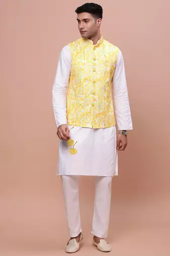 men's embellished yellow slim fit nehru jacket