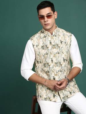 men's embroidered cream slim fit nehru jacket 1