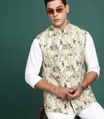 men's embroidered cream slim fit nehru jacket