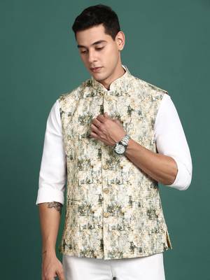 men's embroidered cream slim fit nehru jacket 2
