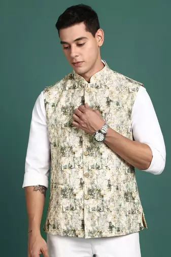 men's embroidered cream slim fit nehru jacket