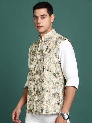 men's embroidered cream slim fit nehru jacket 3