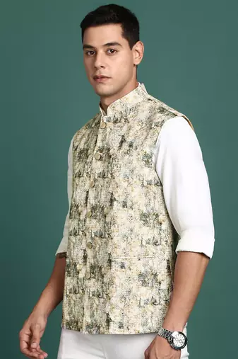 men's embroidered cream slim fit nehru jacket
