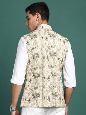 men's embroidered cream slim fit nehru jacket 4