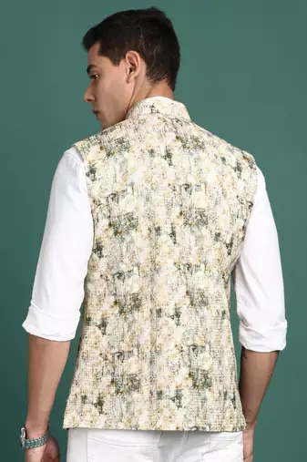 men's embroidered cream slim fit nehru jacket