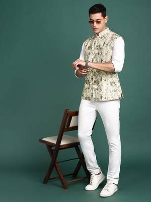 men's embroidered cream slim fit nehru jacket 5