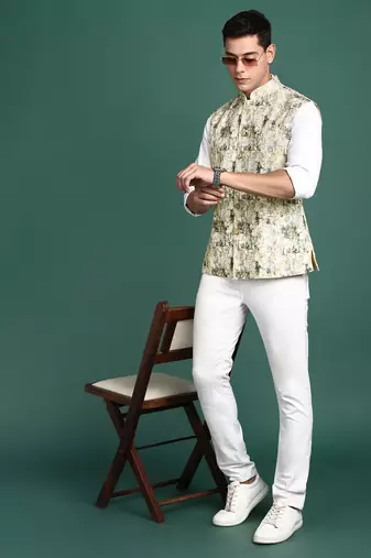 men's embroidered cream slim fit nehru jacket