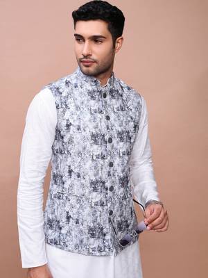 men's embroidered grey slim fit nehru jacket 1