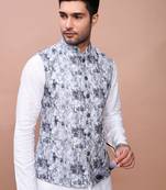 men's embroidered grey slim fit nehru jacket