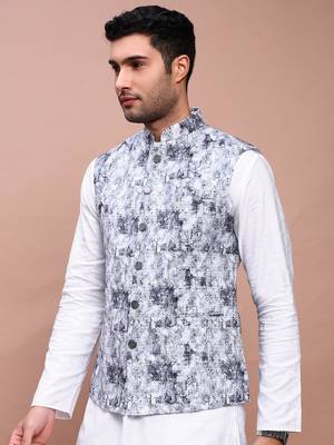 men's embroidered grey slim fit nehru jacket 3