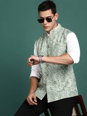 men's embroidered green slim fit nehru jacket 1