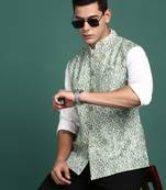 men's embroidered green slim fit nehru jacket