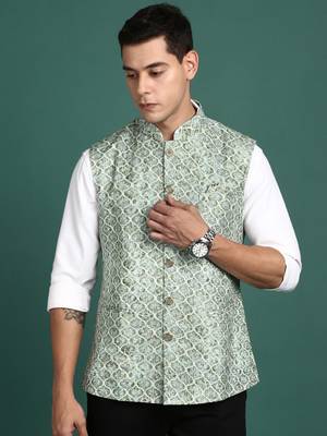 men's embroidered green slim fit nehru jacket 2