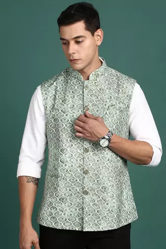men's embroidered green slim fit nehru jacket