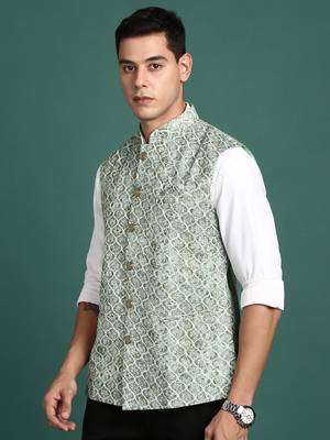 men's embroidered green slim fit nehru jacket 3