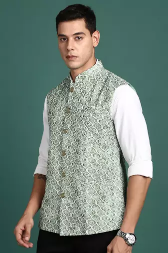 men's embroidered green slim fit nehru jacket