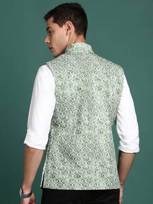 men's embroidered green slim fit nehru jacket 4