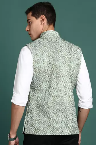 men's embroidered green slim fit nehru jacket