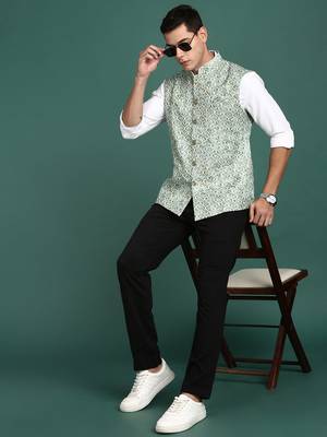 men's embroidered green slim fit nehru jacket 5