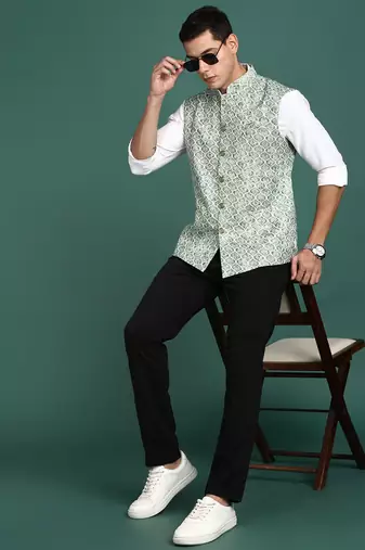 men's embroidered green slim fit nehru jacket