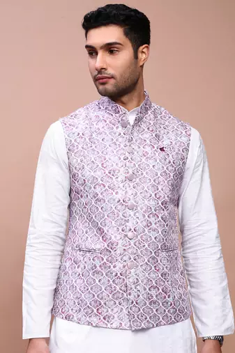 men's embroidered purple slim fit nehru jacket
