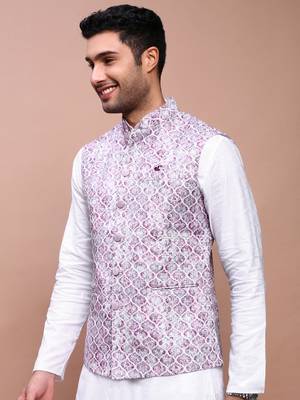 men's embroidered purple slim fit nehru jacket 3