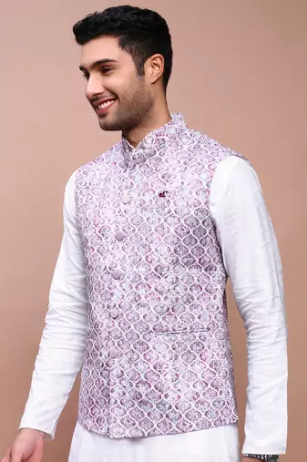 men's embroidered purple slim fit nehru jacket
