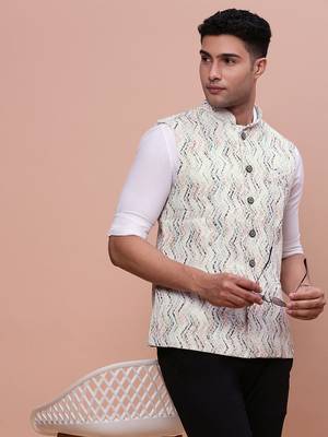 men's embellished cream slim fit nehru jacket 1