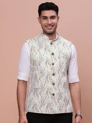 men's embellished cream slim fit nehru jacket 2