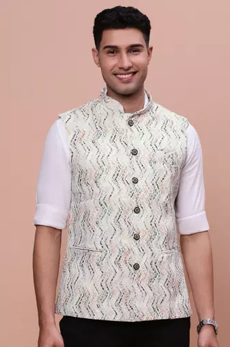 men's embellished cream slim fit nehru jacket