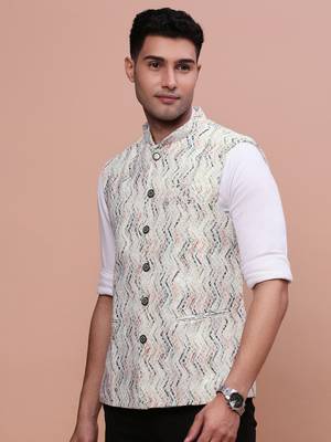 men's embellished cream slim fit nehru jacket 3